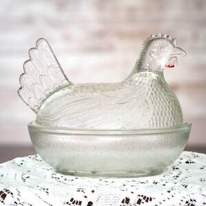 Vintage Indiana Glass Clear Hen On Nest Candy Dish